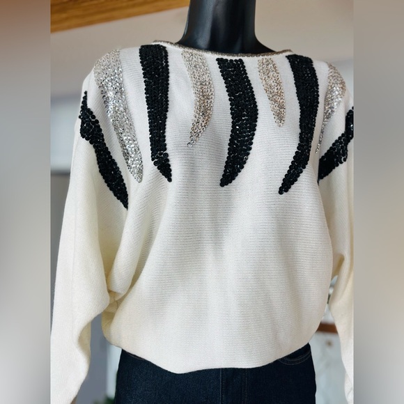Sequin Embellished Sweater – White Knit with Black & Silver Accents - Picture 3 of 12